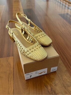 J. Crew Metallic Gold Woven Slingback Heels Mules